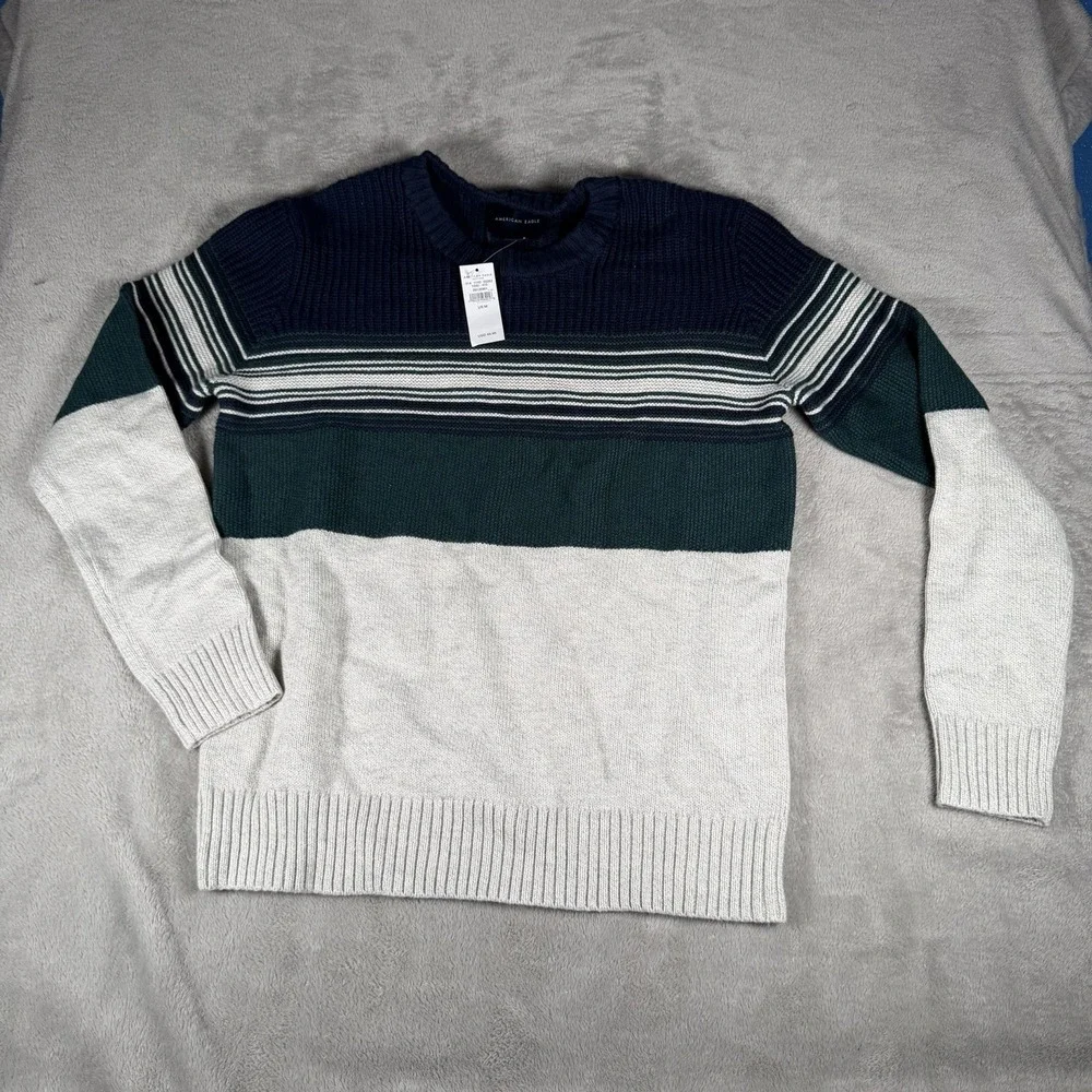 American Eagle Men's Crew Neck Striped Knit Pullover Sweater M Gray Green Blue